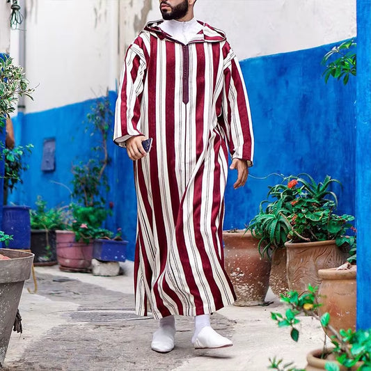 Men'S Islamic Arabian Patchwork Striped Hooded Zipper Muslim Robe Autumn Streetwear Casual Loose Arabian Islamic Robe 2024 New