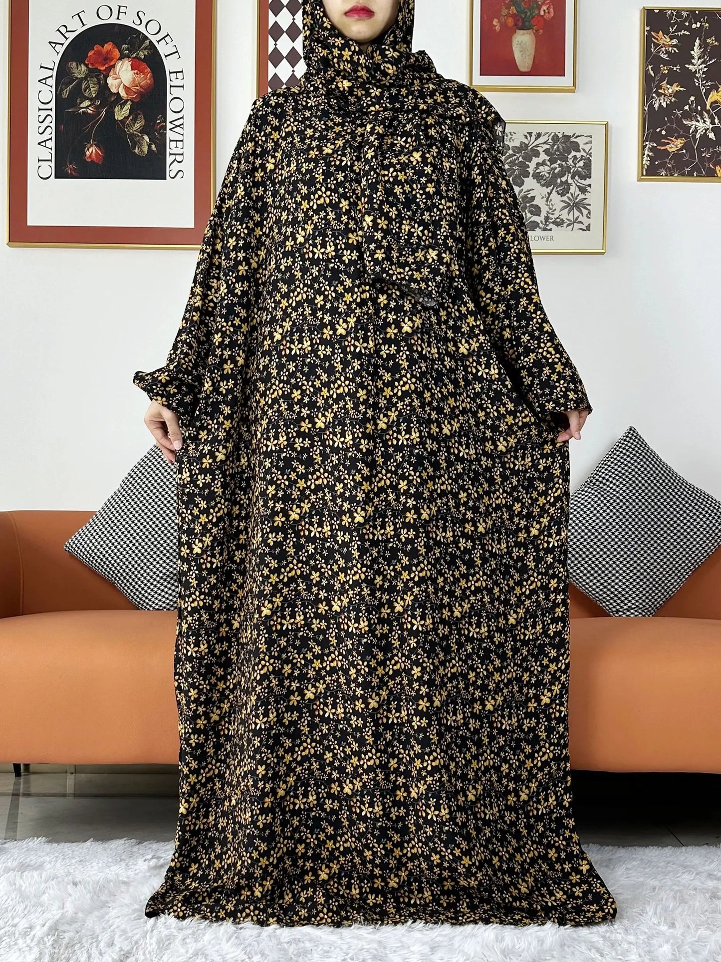 Latest Muslim Abayas for Women Ramadan Prayer Maxi Dubai Turkey Femme Cotton Robe Floral Loose African Dress Turban Attached