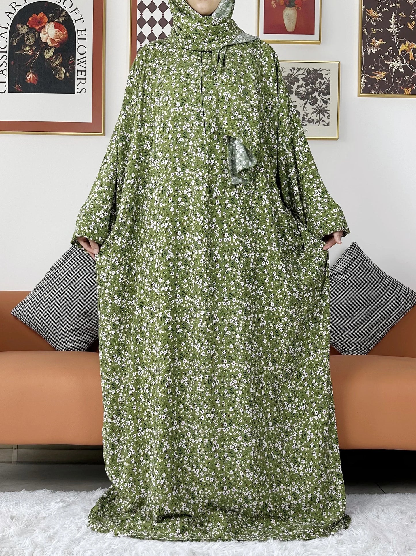 Latest Muslim Abayas for Women Ramadan Prayer Maxi Dubai Turkey Femme Cotton Robe Floral Loose African Dress Turban Attached