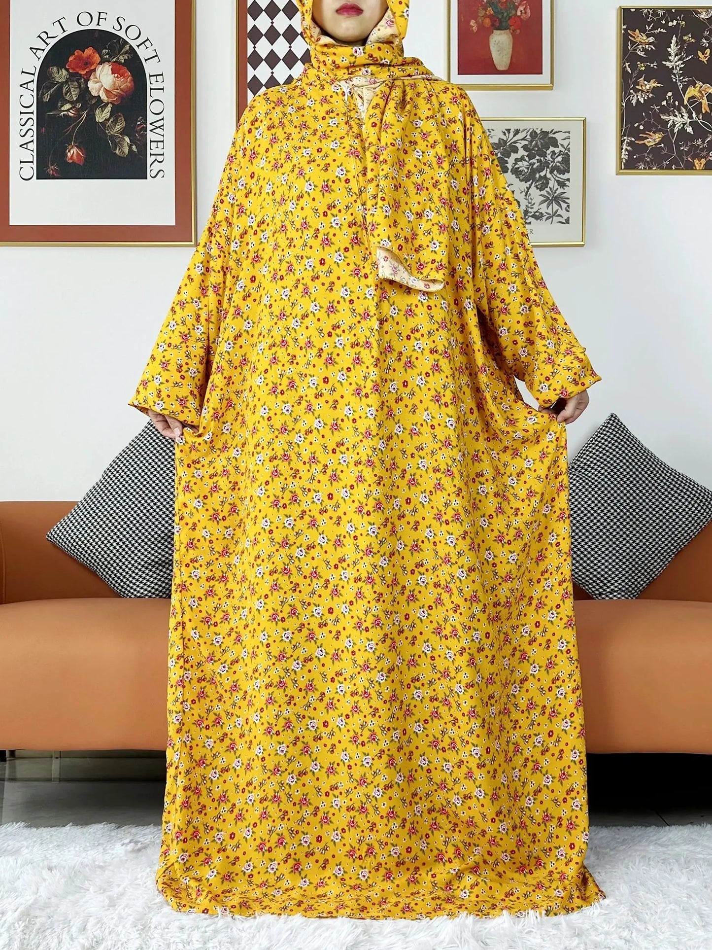 Latest Muslim Abayas for Women Ramadan Prayer Maxi Dubai Turkey Femme Cotton Robe Floral Loose African Dress Turban Attached