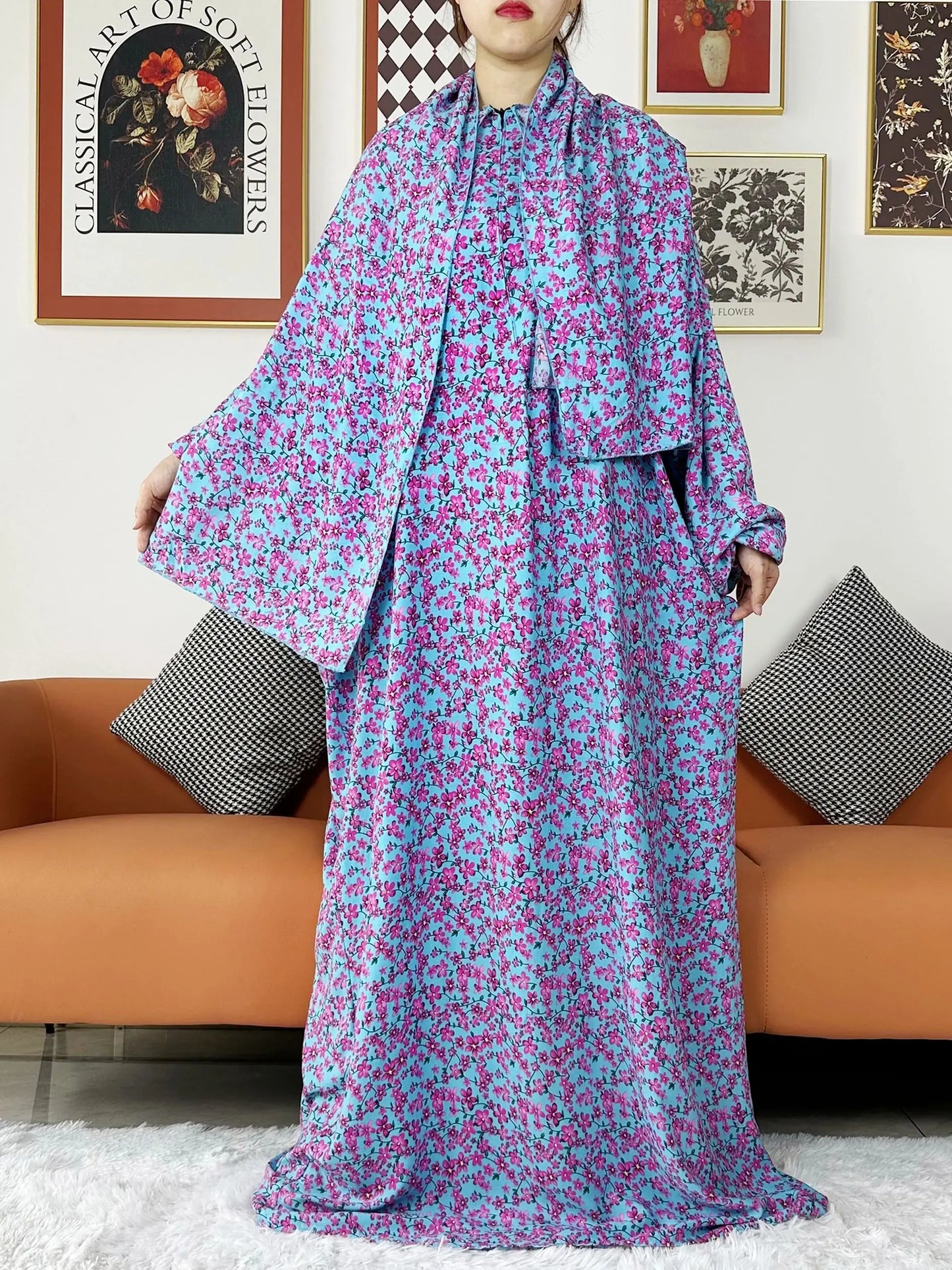 Latest Muslim Abayas for Women Ramadan Prayer Maxi Dubai Turkey Femme Cotton Robe Floral Loose African Dress Turban Attached