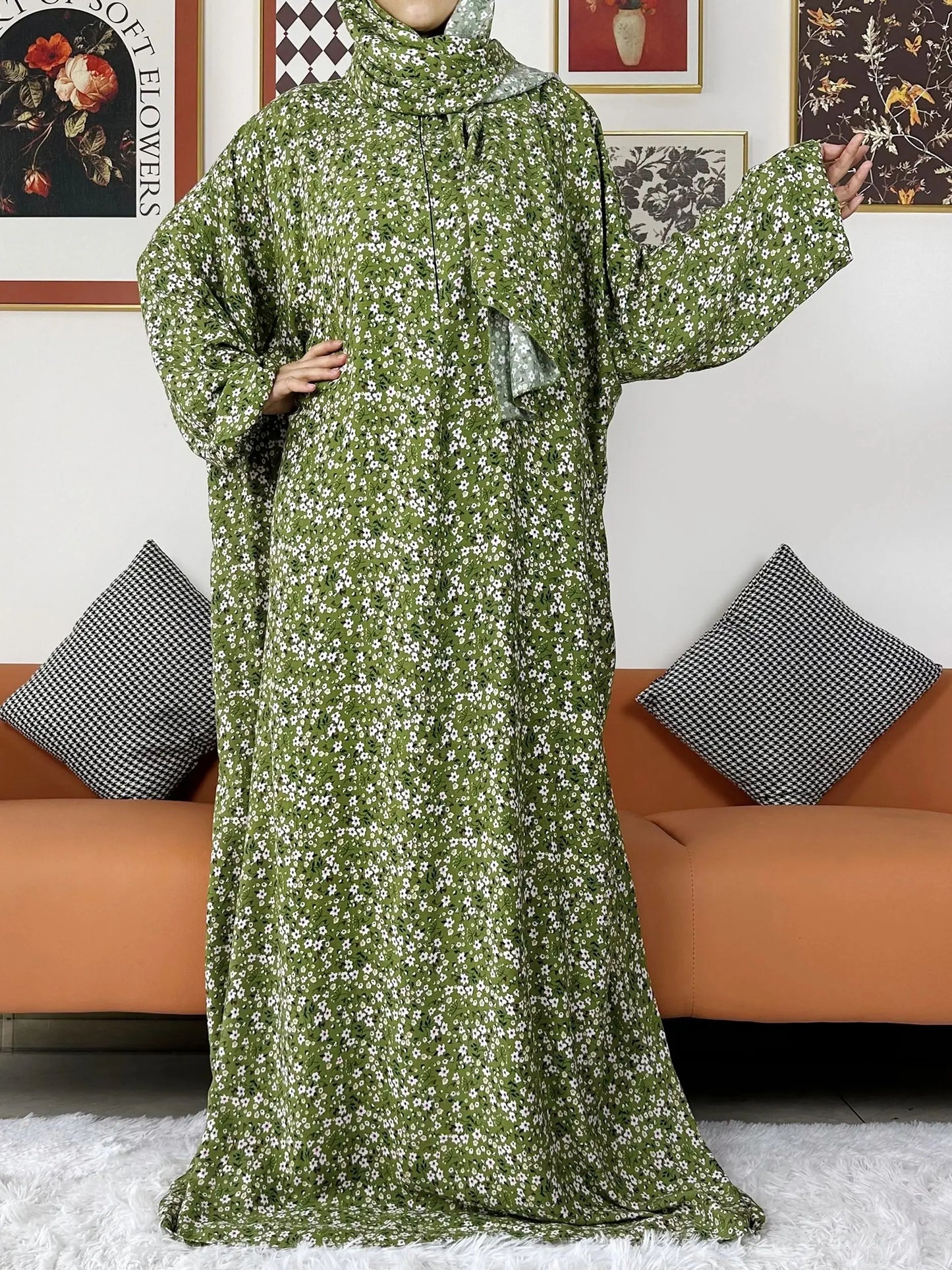 Latest Muslim Abayas for Women Ramadan Prayer Maxi Dubai Turkey Femme Cotton Robe Floral Loose African Dress Turban Attached