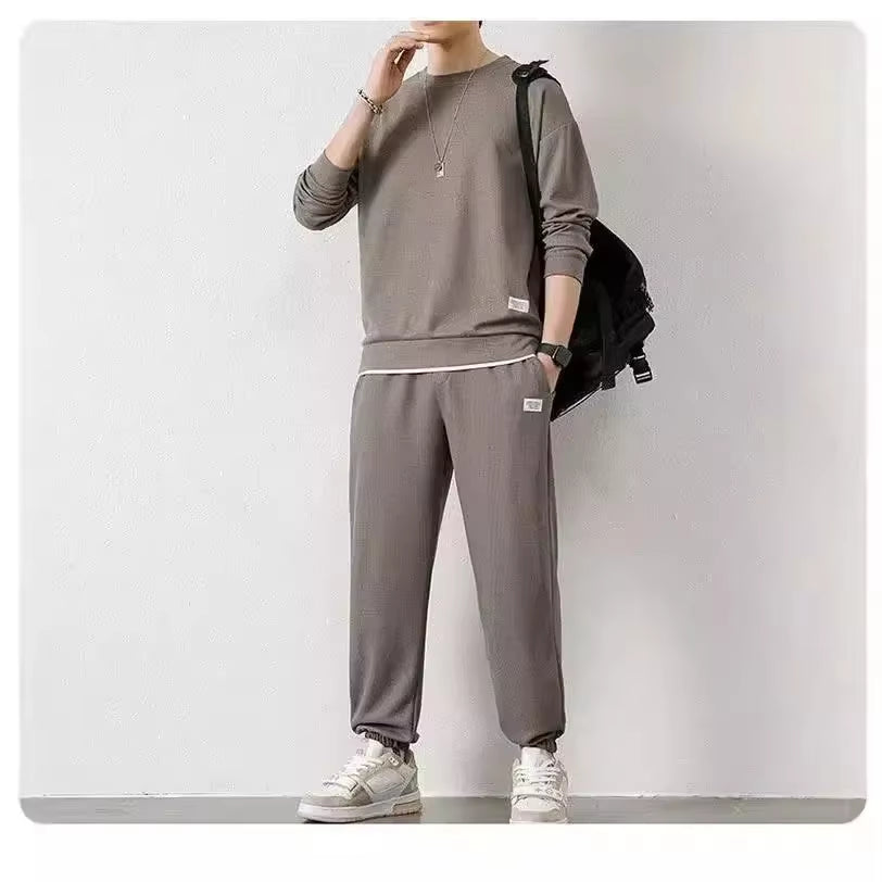 Autumn/Winter Men'S Casual Sports Suit Long Sleeve Checked T-Shirt Trousers Coords Stylish Clothes Set for Men